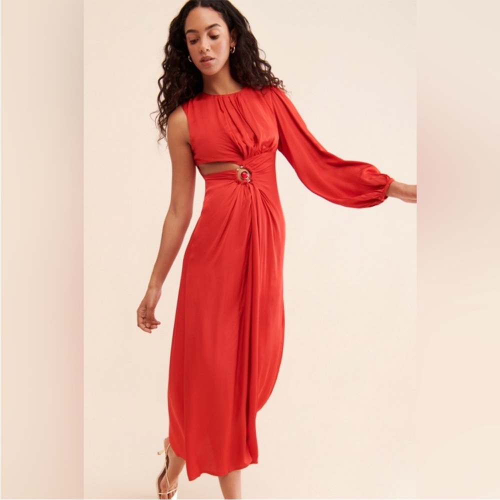 FARM Rio Red One-Shoulder Cutout Midi Dress